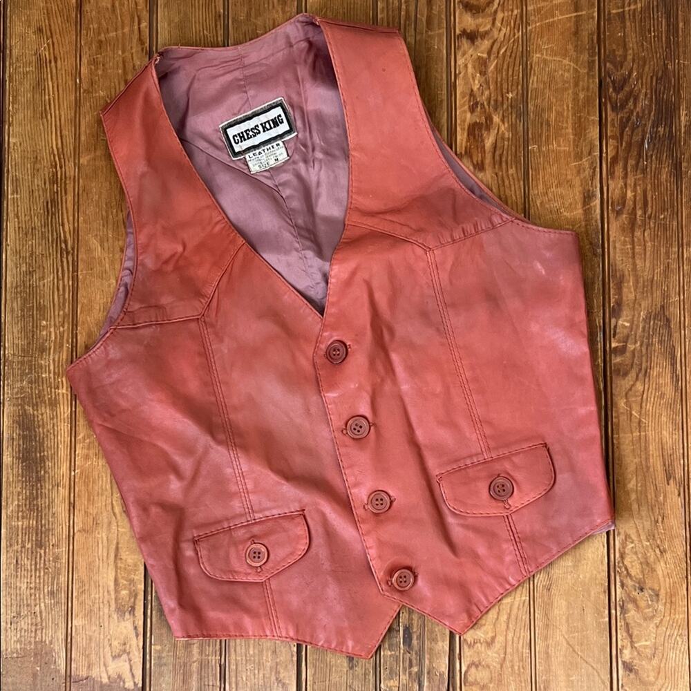 Mens Vintage 70s Vest Red Leather with Buttons Chess King size medium